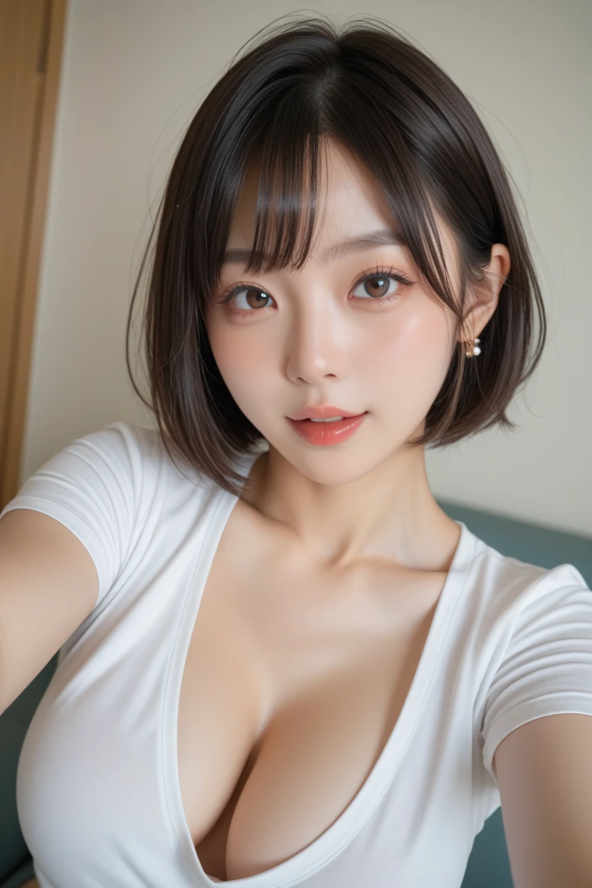 (1 Girl)、(Beautiful Japanese、18years old,round face、Refreshing、clear、seems kind、stylish、Pitiful、cute like an angel、cute、black eyes、,actress,Almond-shaped eyes), Good style , (Beautiful big breasts:1.2),(soft breasts),(very cute),(Black hair),(short bob hair),(enchanting eyes),(highlight on eyes:1.2)、(8K、Live shooting、highest quality、masterpiece:1.2、optimal lighting)、((masterpiece)),(Photo taken by a professional photographer),(real、photo real:1.4),break,{ (White nurse costume),(((taraditional nurse uniform))),,{(White nurse tight pants)},(cleavage:1.2)},( Scared:1.4),(tears:1.4))(cheeks are red:1.2), break, break,Hospital,Face shot:1.3、Hospital room、Looking at viewer:1.6, face close-up,Looking up、night