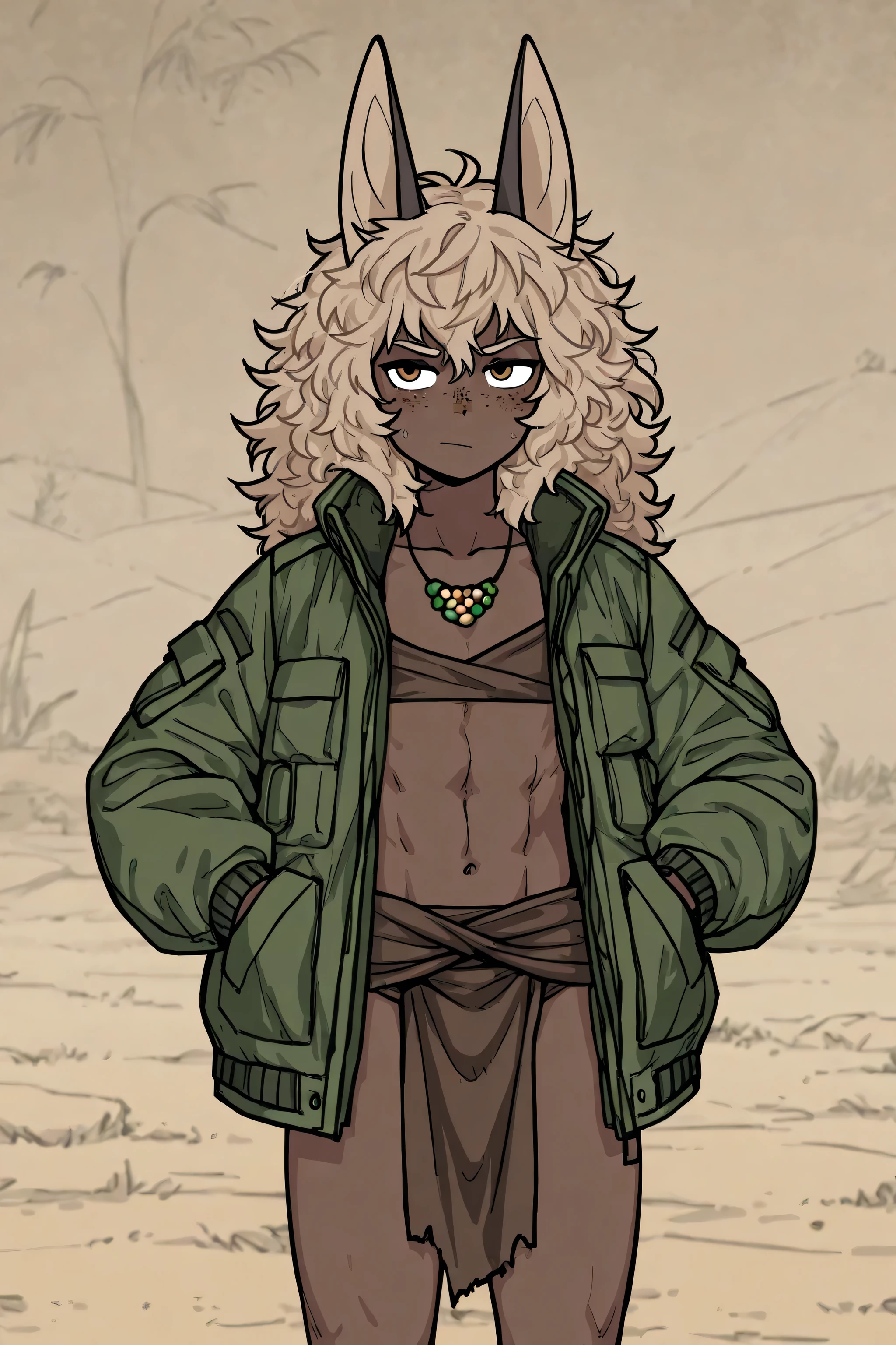 Muscular pretty tomboy, soft face; has loincloth, very dark skin, brown skin, has many freckles, cargo jacket, olive drab, MARPAT, jackal ears, African, completely flat chest; long messy blond hair