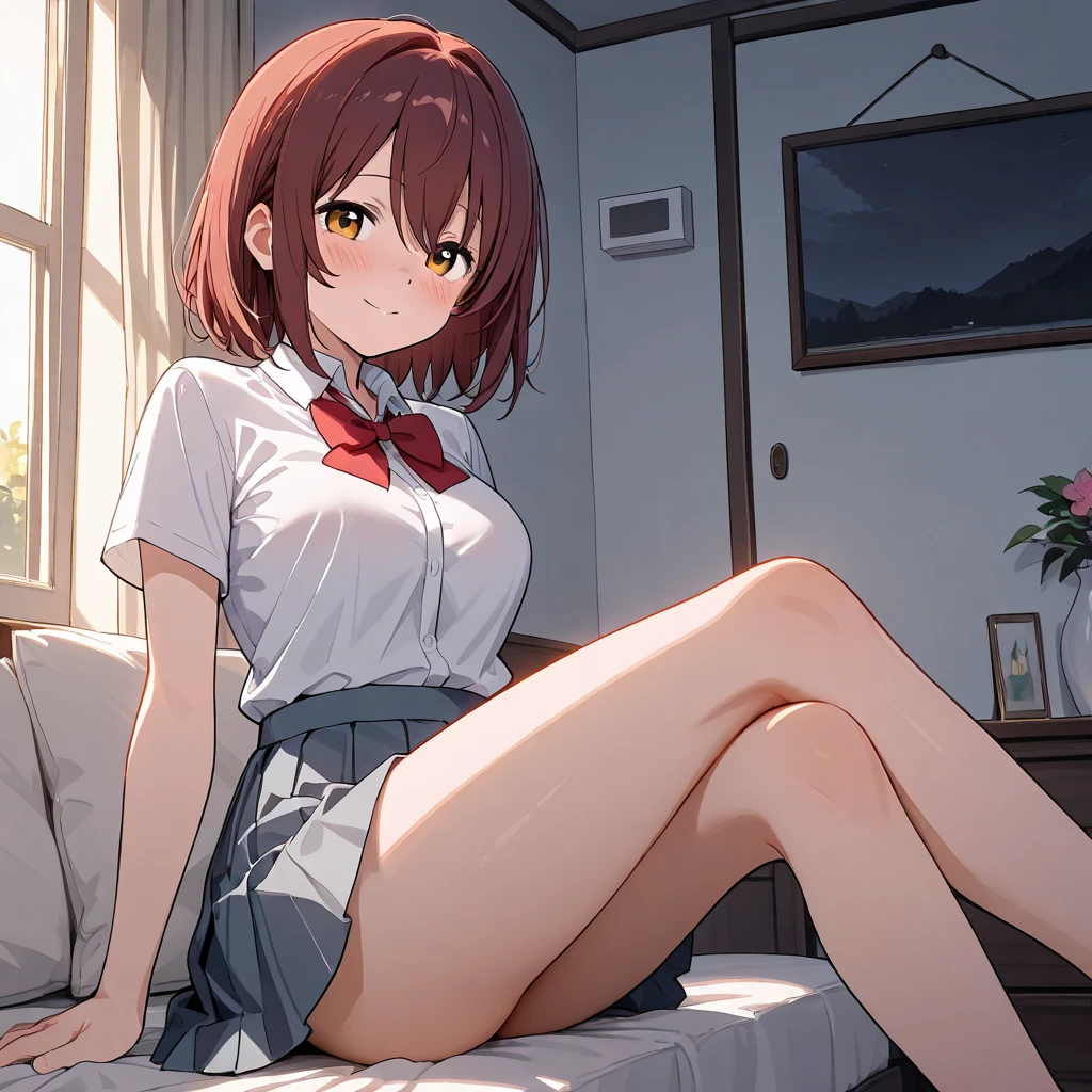 ((4k, masterpiece, highest quality)), 1 girl, anime, short hair, red eyes, medium breasts, cute, blush, Sweat,red checked pleated skirt, underwear, spread your legs, Wet, white tank top, barefoot