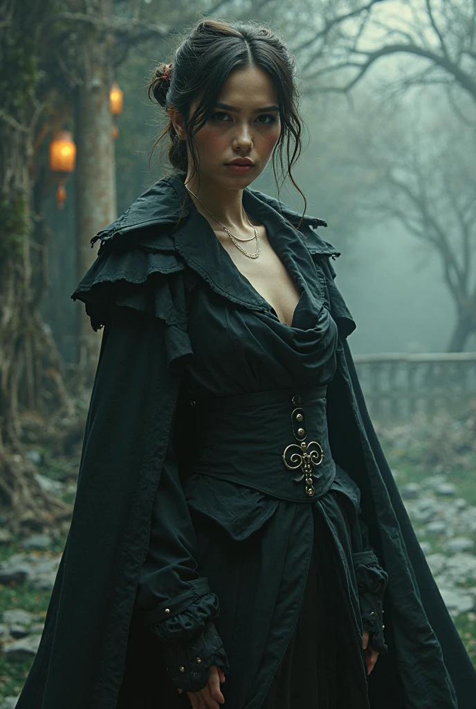 (best quality, masterpiece, highest detailed), (photorealistic:1.2), raw photo, Vampire, brunette, vampire fangs, seductive figure, black robe with a hood, against the backdrop of an old castle, looking at the viewer, night, full moon, (vibrant  color), (intricate details), exposure blend, bokeh, dim light, (hdr:1.4), high contrast, (muted colors, dim colors, soothing tones:1.3), low saturation, morbid