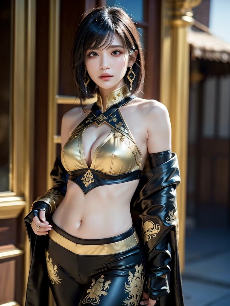 Cyberpunk Girl, Digital Cyberpunk Art, (Digital Cyberpunk Art), cute、Ultra high definition、masterpiece、correct、Anatomically correct、Textured skin、Very detailed、High detail、high quality、最high quality、High resolution、8k、Raw photo、whole body、Beautiful Teenage Woman、One Japanese woman、Big beautiful eyeedium chest、Brown long hair、((Wear a cyberpunk shiny metallic belly dance costume with red and gold patterns))、Do belly dancing、Dancing on a cyberpunk stage