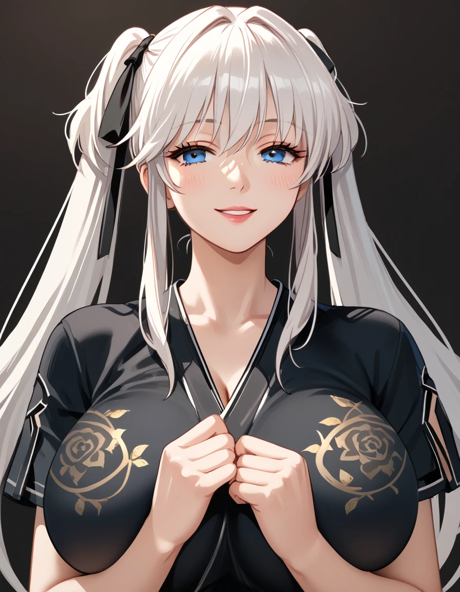 {{masterpiece}}, The best quality of life, 超High resolution, Attention to detail, high quality, High resolution, 最high quality, 4K, 8k,Attention to detail,((White Hair、Dye your hair black)Multi-colored hair、Gradient Hair)) 、One person, 1 adult female,((Perfect white eyes))、((White background))、(((Black and white kimono))、smile