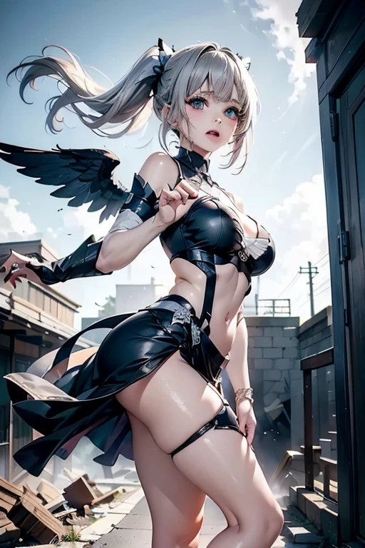 1 girl, assault rifle, bangs, breasts, cleavage, feather wings, fishnet leg suit, fishing net, gun, hair between eyes, holding a gun, long white hair, looking at the audience, red eyes, (rifle), solo, thighs, very long hair, weapon, wings, 8k resolution, light and shadow, high detail, small breasts, slender waist, girly, (dynamic pose).