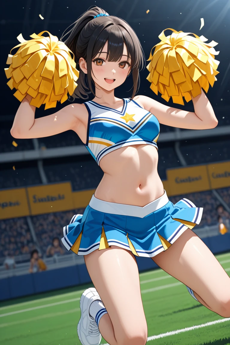 (high quality1.4), (finely detail:1.4),nsfw, 1 girl, megumin, brown hair, short hair with long locks, red eyes, (small breasts), (erectile nipples), ((shining gold cheerleader)), ((pleated skirt)), cameltoe, anus, blush,((very bright stadium:1.4)), ((solo)), (masterpiece, best quality, 8k:1.4),