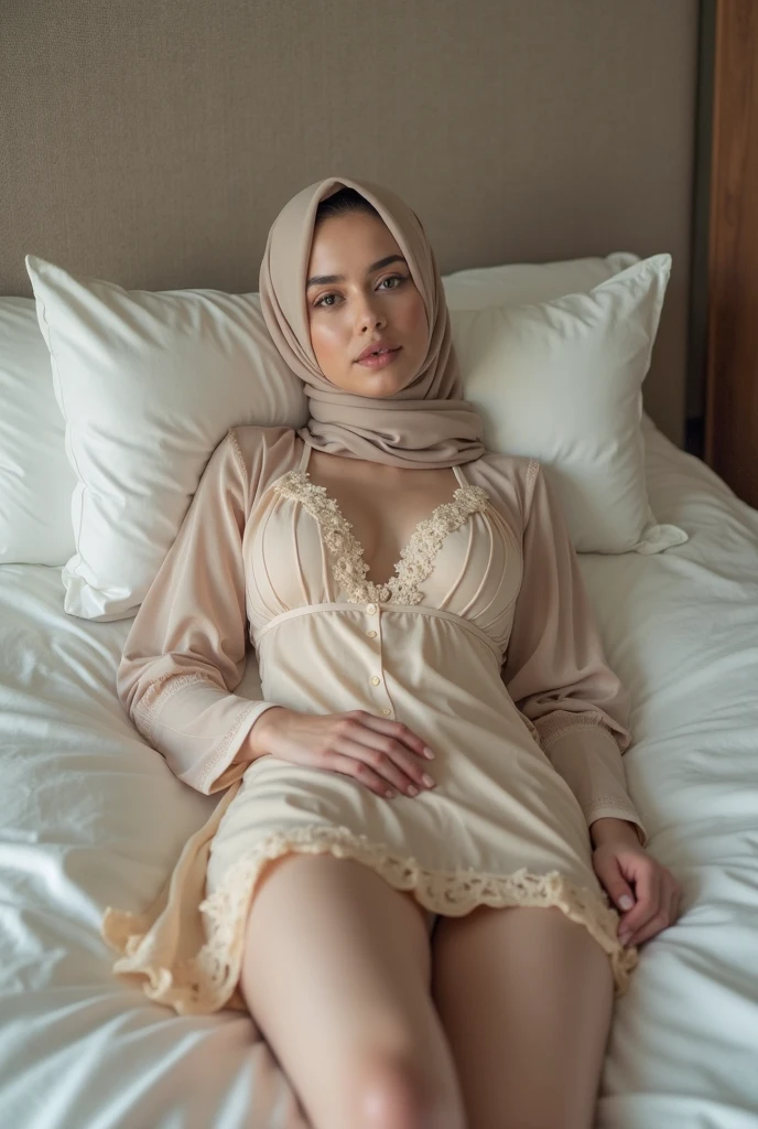 (photorealism:1.2), beautiful malay woman, smiling, chubby, sitting on bed, wearing loose off-shoulder bride white dress, wearing white hijab, sexy legs, big breast, big butt, indoors, plants in background, bright cozy room, sexy pose, realistic, intricate details, soft colors, 