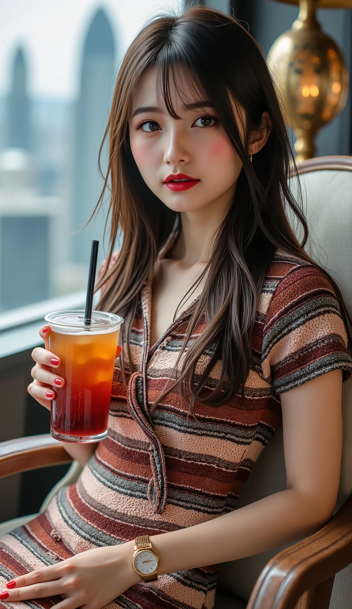 Look up，demi-corps，OriginalPhoto，At the empty table，Drink lemon juice，Burgundy leather coat，Exposed shoulder，silverlong hair，Gray lace，Gray hair,plein-air