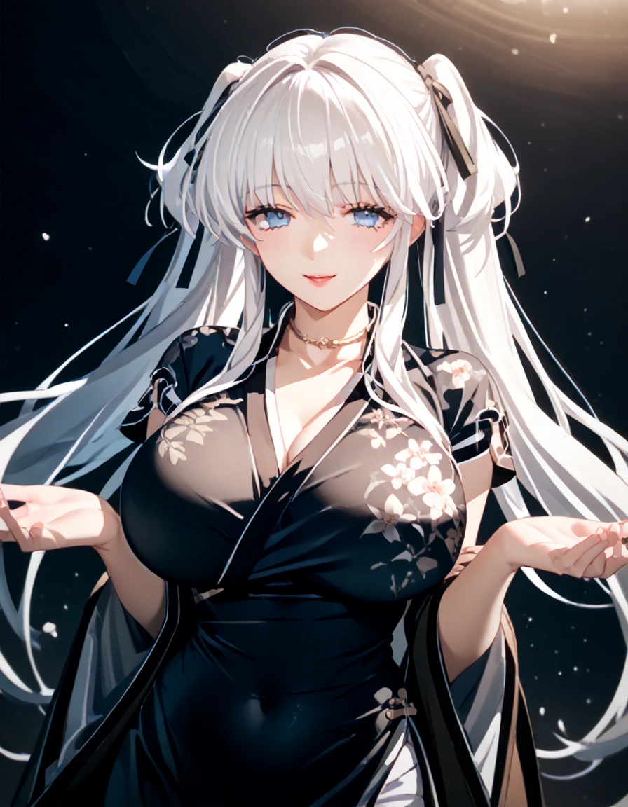 (((silber hair、Cowboy Shot、Upper body、 upper body closeup、Portrait、looking in camera)))、[monochromes:Subdued Color:2.6] theme, (masutepiece), (Best Quality), , Light Layer, Lustrous skin, (intricate-detail , taut clothes, ),  White hair, hime-cut, Blunt bangs、Blue eyes、 30s、(maturefemale)、((long curly hair、White cardigan、Black Dress、Beautiful breasts))、symmetry、Thick lip、Lustrous lips、Tall lady、Standing Pose、white backgrounid、simple background、Single-color background、femele１a person、