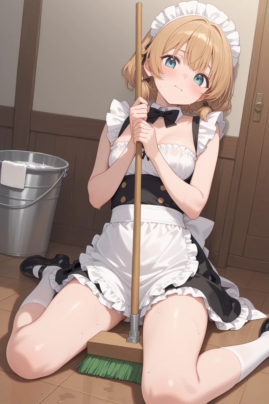 Browsing Caution,(Petite),(Cute man's daughter),((Penis in the crotch)),(((Underwear ejaculation))),blonde low twintails,Maid clothes,((Solo masturbation)),Ecstasy face