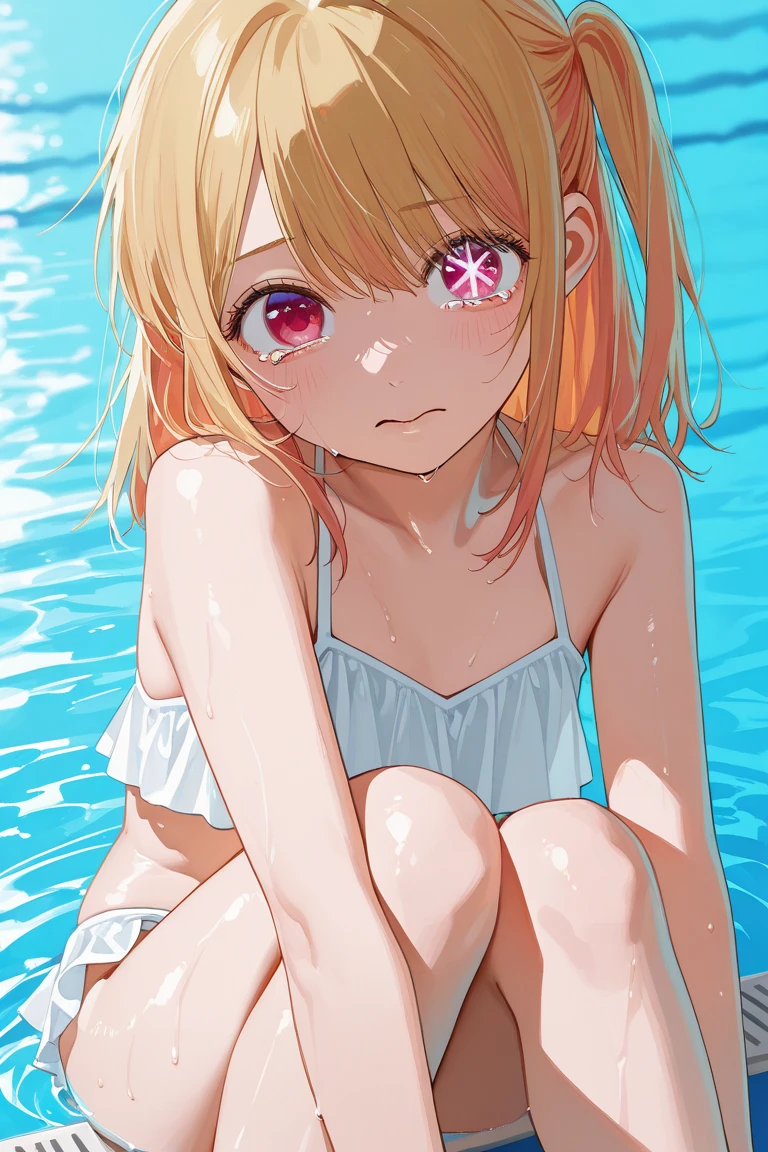 crawl on all fours、crawl on all fours、swimsuit、Light cream colored hair、Pale pink eyes、Medium Hair　、Blushing、Small breasts、Small breasts、Black Bikini、lipstick、Perfect hands、Detailed hands、Poolサイド、Pool、one-piece swimsuit, strap slip、backwards、、backwards