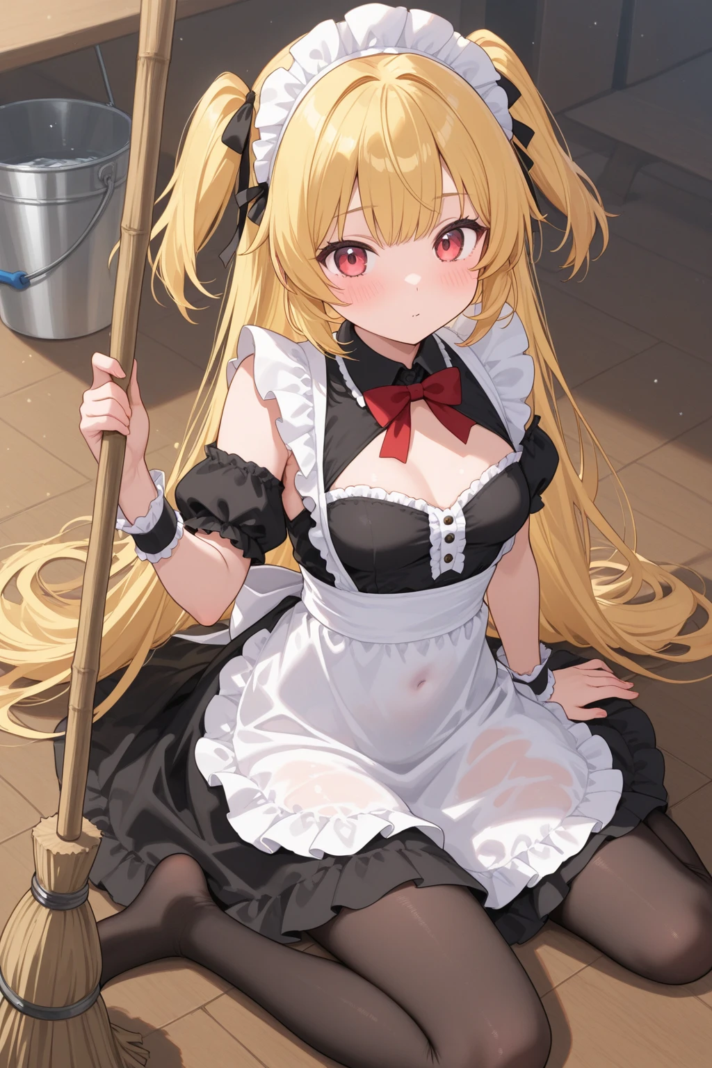 Tabletop, Highest quality, Air Live 4, Thighs Thighs Thighs, 黒 Thighs Thighs Thighs, apron, Absolute territory、, maid, maidの頭飾り, Cleavage, Wrist cuff,one person's,,(Spanning the viewer:1.4),(Sweaty:1.4),(Dark basement:1.4),Hypno Lola,
(Torn clothes:1.1),Wicked Smile,(Wounded Body:1.1)