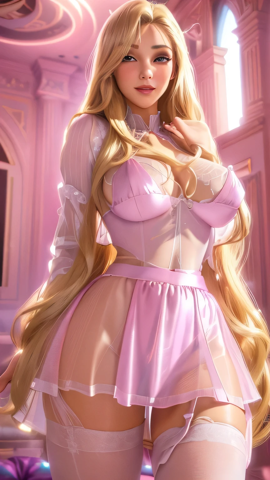 (quality, 4k, 8k, high resolution, masterpiece: 1.2), ultra-detailed, blurry, depth of field, blurred foreground, blurred background, pink, pink rose, dress, jewelry, earrings, elf ears, elf blonde hair, stained glass, princess dress, blue eyes, elbow gloves, pink dress, breasts, looking at viewer, hair over one eye, long hair, pink flower, elf ears, throne room, gloves, motion blur, solo focus , peach princess, crown, strapless, blush, white dress, indoors, photo \(medium\), 1 elf girl, dress, gem