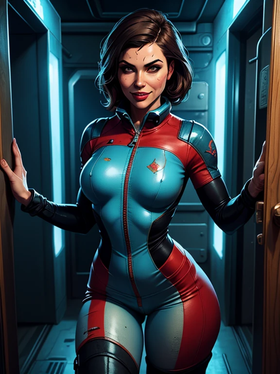 Helen Parr, front view, exposed breasts, bc elastigirl, naked vagina:1.3, location is superhero lair, short bob haircut, auburn hair, red outfit, black thigh high boots, shiny, nude:1.4, retro futuristic, 1950 style, sci-fi, visible breasts, visible nipples:1.4, she is almost naked, ultra detailed, perfect face, perfect skin texture, depth of colour to her eyes, dynamic lighting, volumetric lighting, 8k, visible vagina:1.5