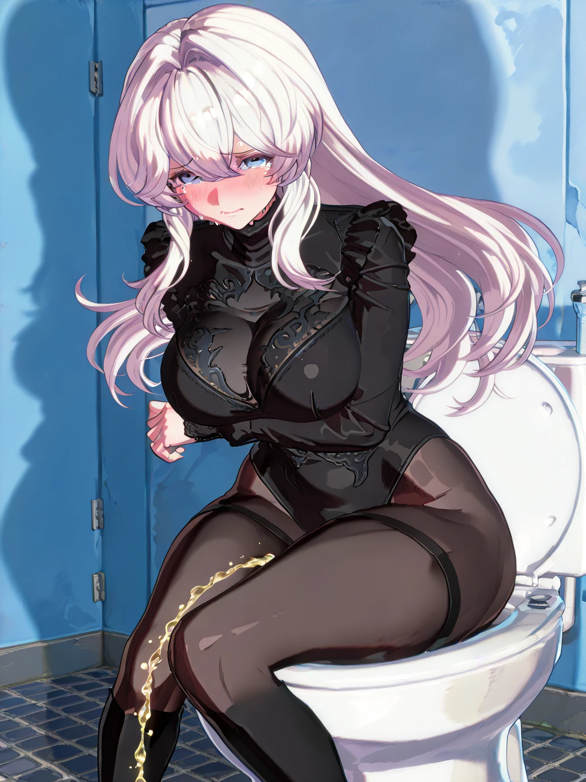Big Breasts Black Lingerie 黒いgarter belt Black knee socks on both feet nude Lewd Ahegao Black enamel Black high heels Black Bondage Climax Crimson Eyes Nipple piercing (Highest quality、expensiveディテール:1.1、Very attractive adult beauty、Add vibrant highlight to your eyes、Backwards、look back、A beautiful woman with adult charm、Perfect Anatomy、Silver Hair、Long Hair、Shiny Hair、Lip gloss),1 Girl, alone, Realistic、Please tilt your head a little, short and Shiny Hair、 Knitted sweater、bangs、Big eyes、eyelash、Face is a little red、Embarrassing)、((Public toilets、On the toilet seat))、Big eyes、Give students a very strong highlight、(Huge breasts:1.4}、Very large breasts、Very beautiful beauty、Listen carefully、Long neck、Laugh a little、Beautiful Teeth、Open your mouth and laugh、Heart shaped eyes))、28 years old、Very cute supermodel、expensive、(Sculpture Pose、whole body:1.2)Spread your legs Knead your chest vigorously with your right arm Pour a large amount of all over your body Anal sex with two men In the toilet cubicle Intense Sex Looks so comfortable Drooling garter belt Thigh-high socks on both feet Cowgirl Falling into Pleasure Kime sex Fluid injection Fuerachio Deepthroat Licking male genitals Taking a man's genitals in his mouth 69 Going crazy Asshole sex Five beautiful fingers Gloves up to the upper arm Vigorously touching her crotch with her left arm