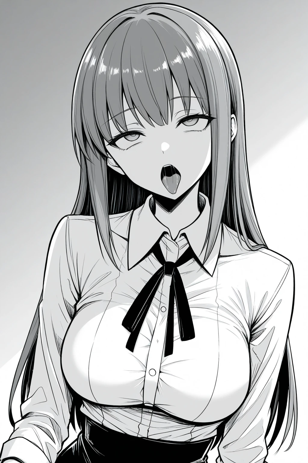 1girl, solo, greyscale, monochrome, animal ears, long hair, looking at viewer, white background, simple background, open mouth, breasts, shirt, twintails, hair between eyes, upper body, tears, collared shirt, low twintails, large breasts