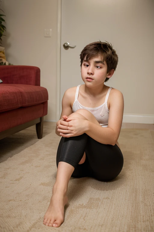 A boy 10 - 12 years old sits in a room and looks out the window, outside the window there is a beautiful modern European street, it is raining outside the window, It's night outside the window, night street outside the window, мальчик одет в Short top и черные короткие шорты, boy barefoot, Boy 10 - 12 years old, Short black shorts, boy in short black shorts looking out the window, Short top, crop top, мальчик в crop topе, It's night outside the window, night ambience