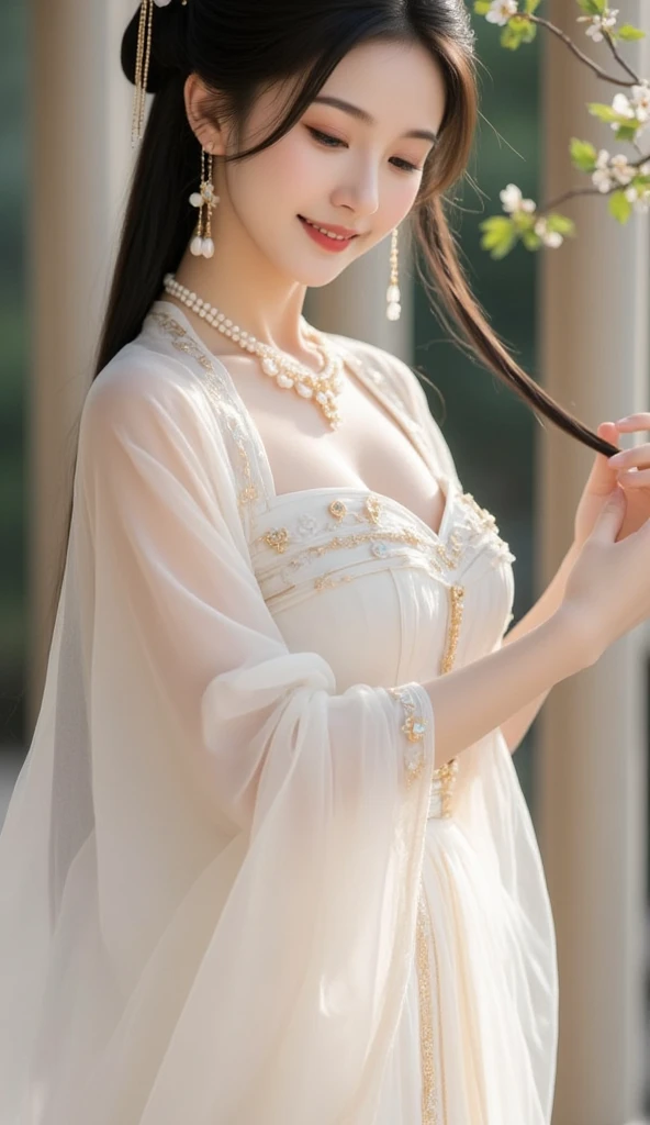masterpiece, best quality, 1 girl, ((Large Breasts), (Transparent white silk),Looking at the audience, (precise、Perfect face shape:1.3),(Beautiful fingers),(?????? front display),Ultra HD,Ray Tracing,,reflected light, Correct structure,The award-winning,High Detail,Reduce shadow contrast,Facial lighting ,Cinema Lighting,masterpiece,Super Detail,high quality,High Detail, best quality,16K,High contrast,A young woman plays, Chinese Empress, yun ling, song nan li, , gujian, zhao yun, Chinese Princess