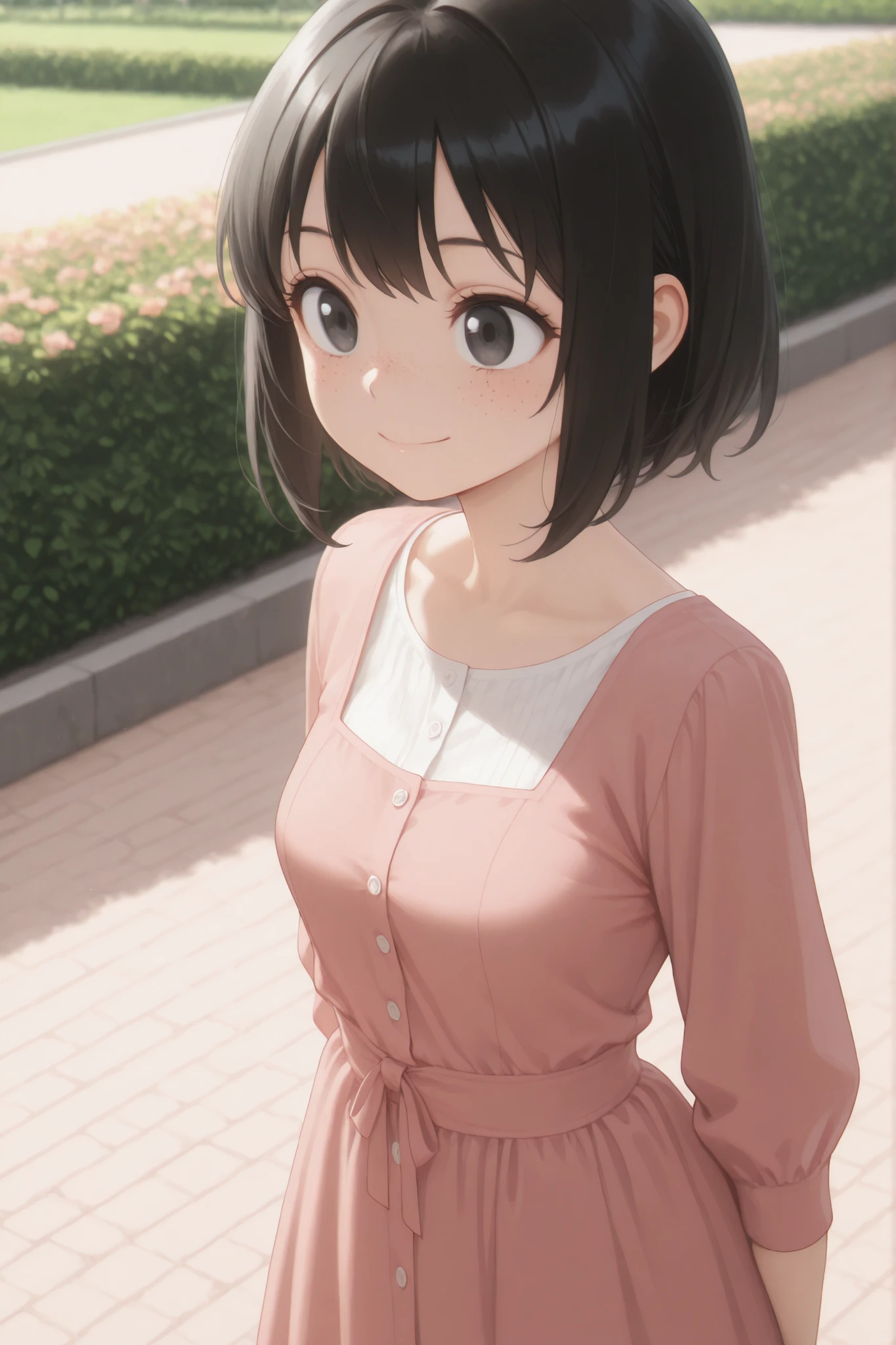 masterpiece, good resolution, HD Quality, newest. good anatomy. good lighting, safe. beautiful, anime, Japanese girl, delicate features. Black hair and even below the neck, Hairstyle. black eyes, happy. piel clara, Soft and smooth, freckles on cheeks. Medium Breasts Size C, slim build. He is 20 years old, She is 1'56 cm, wearing clothes: Victorian pink dress. Alone, looking at the spectator, Spring background, garden.