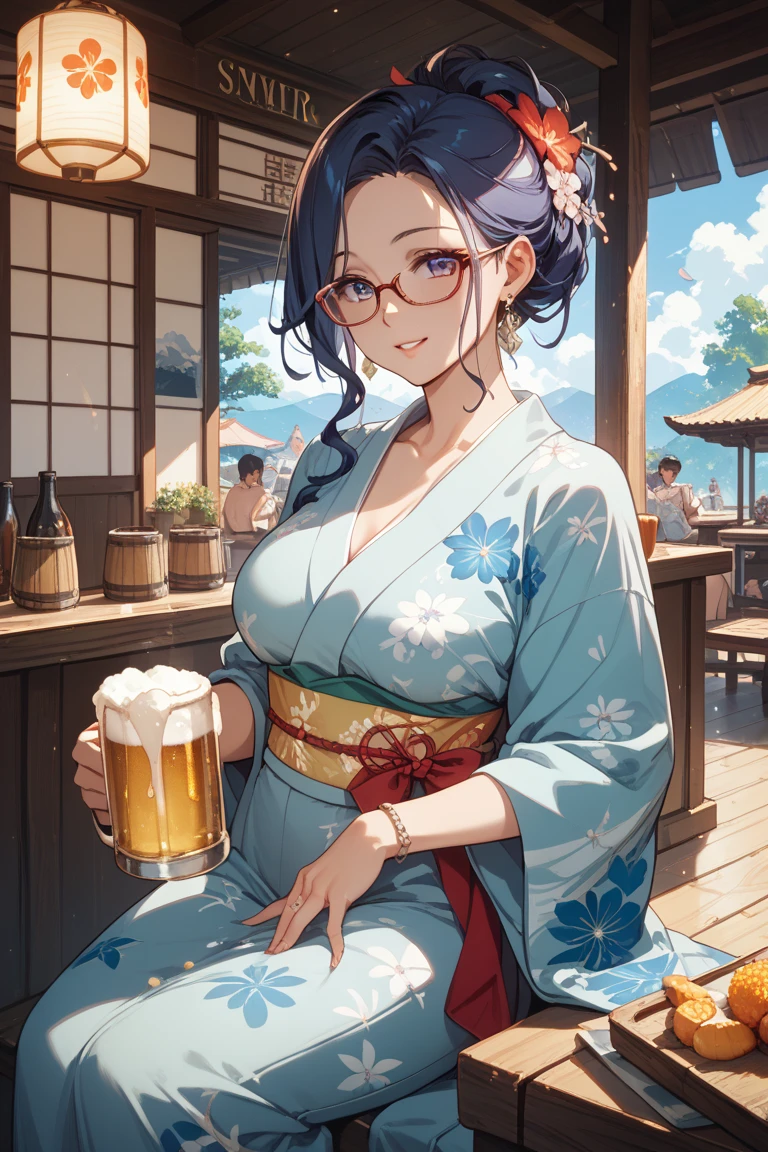 1 girl, full body, dark hair, glowing blue eyes, glasses, yukata, standing in front of the door, big breast, blush, smiling, one hand holding the glasses, (best quality,4k,8k,highres,masterpiece:1.2),ultra-detailed,(realistic,photorealistic,photo-realistic:1.37),detailed eyes,detailed lips,extremely detailed eyes and face,long eyelashes,intricate details,soft lighting,warm colors,cinematic
