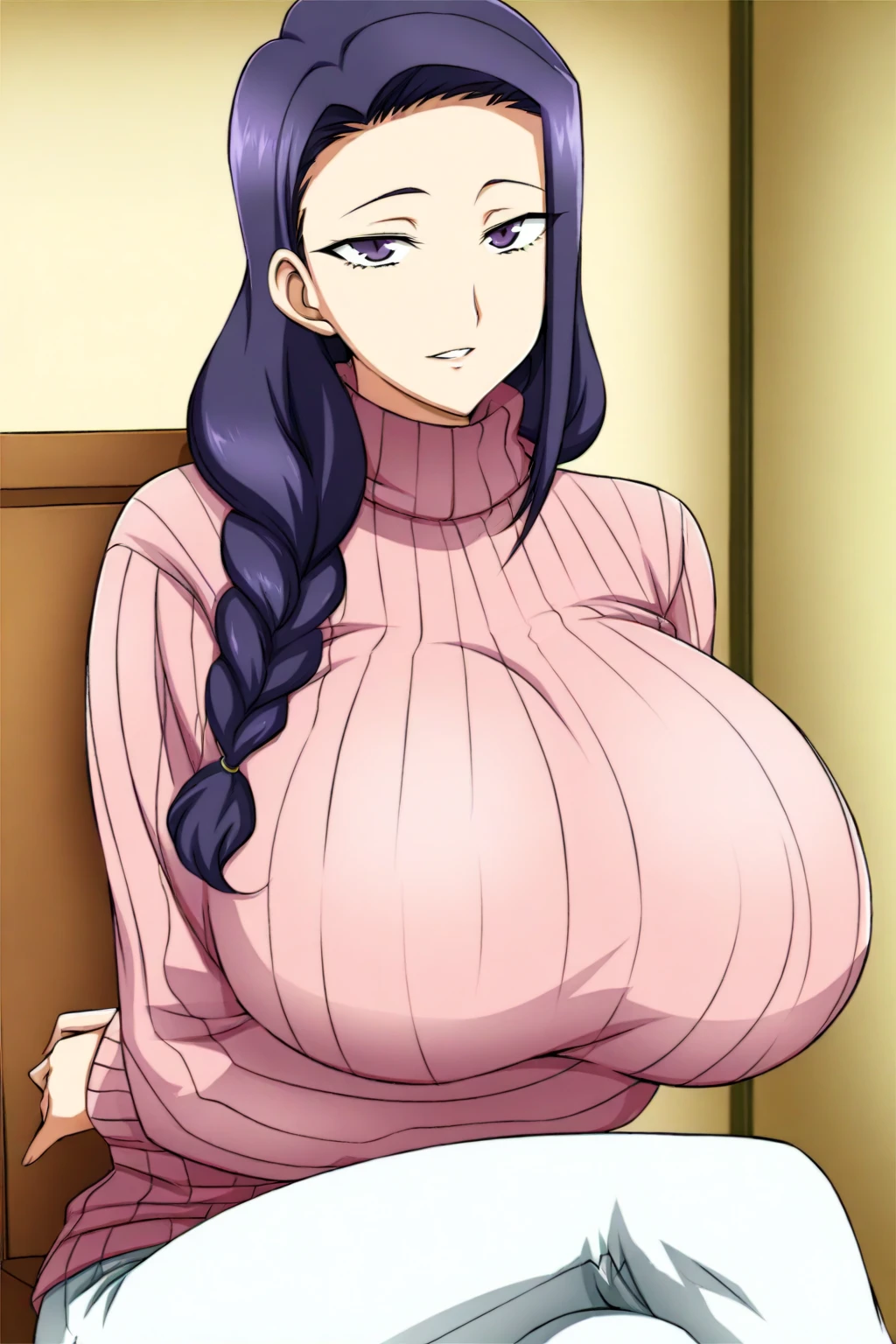 obese and thicc milf , silk waist-long dark hair , big round firm belly, sweater and pants, soft smile, motherly and nurturing, look, cute, tight clothes, tight pants, pants unbuttoned, pants unzipped, belly spilling out