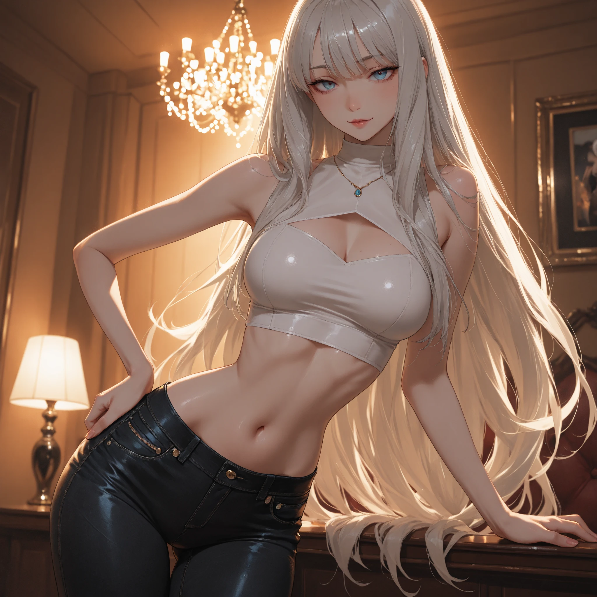 A silver-haired, dark-skinned woman in a black dress shirt and slim jeans with her legs apart Belly button showing
