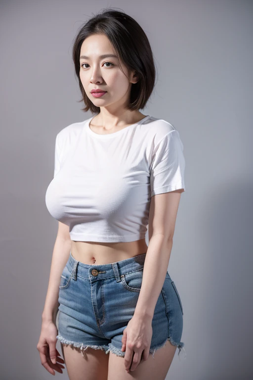 in 8K、超A high resolution、Best Quality、masutepiece (Large breasts、Colossal tits:1.5)(White tight t-shirt、Skinny Jeans、Put a white t-shirt inside your jeans:1.5)(Omotesando in Tokyo:1.2) (Brown hair semi-long:1.2)Smiling happily、Big eyes、Distinct double eyelids、Lashes、Highlights in the eyes、Light brown eyes、Pinclip Gloss、piercings、Black enamel high heels、Open your legs wide to the sides