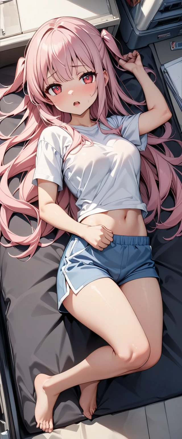 1girl in, Pink twin-tailed hair, blue eyess, a navel, Look at viewers, put hands on the hip, Black jacket, Dolphin Shorts, Rat trail section, (white shirt:1.2), Very long hair, Wide waist,Tank Tops、
Big\(BodyProportions\),