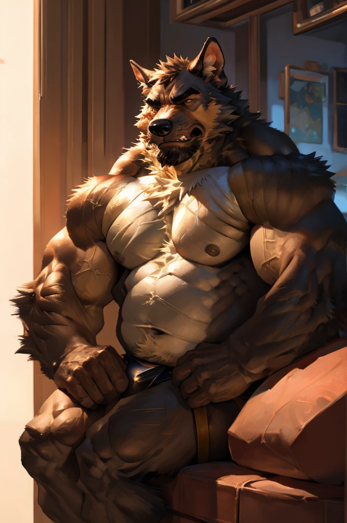 Bara, Solo, by Taran Fiddler, muscular male, mature age, middle-aged, furry male, canine, white fur, beard, shirtless, red boxers, pillow over lap, sitting on couch, living room, detailed, detailed face, handsome face