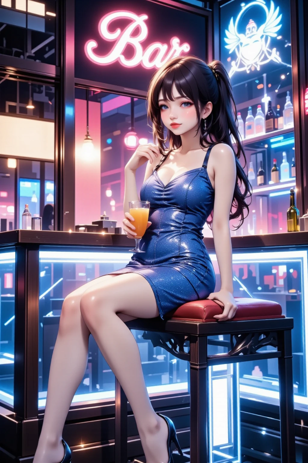 iu1, (8k, best quality, masterpiece:1.2), (realistic, photorealistic:1.37), ultra detailed, one girl,cute,solo,midnight,beautiful detailed sky,detailed café, sitting, dating, viewer view, blush, shy, small breasts, ,floating hair, dog , leather choker on girl's neck, earrings, necklace, coffee on the table, Shot with Nikon d850, Nikon AF-S nikkor 58mm f/1.4G lens