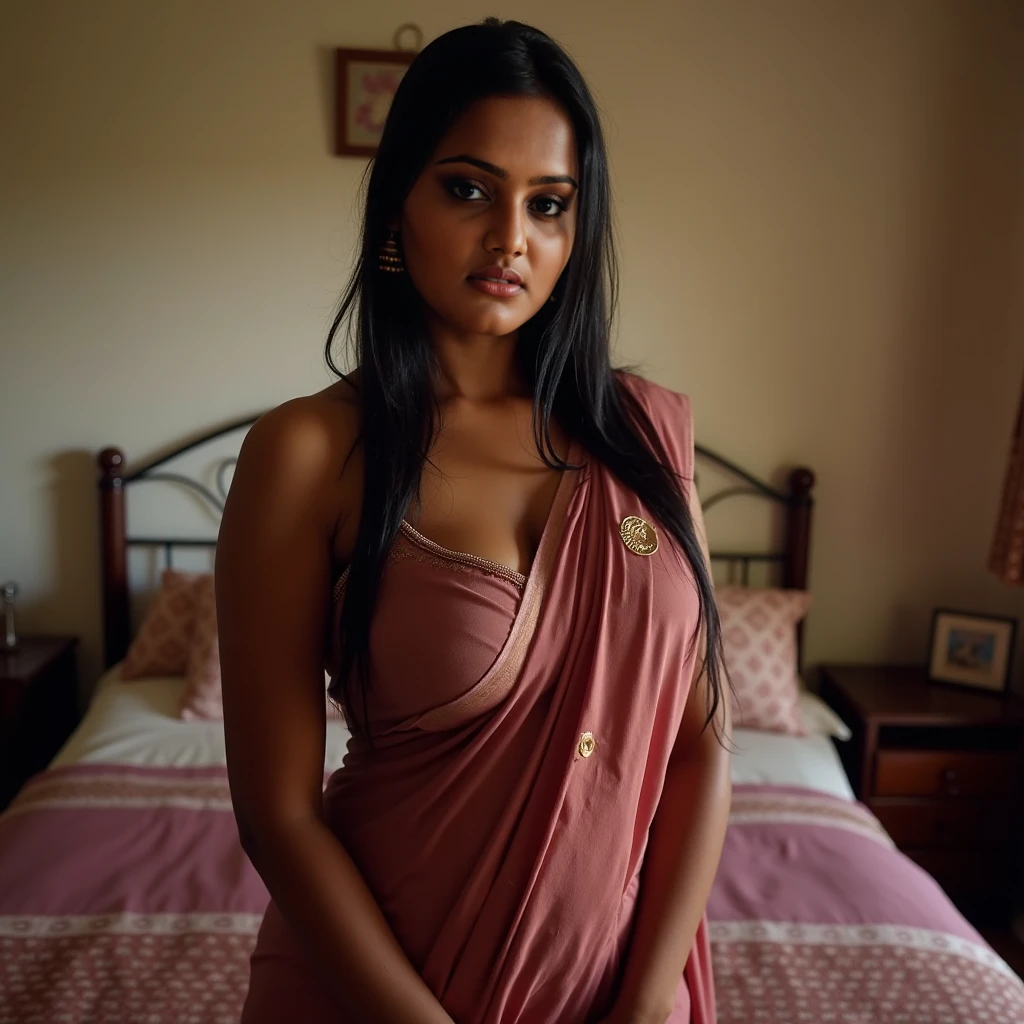 An Indian woman in her late 30s lying on a bed with her red saree blouse 