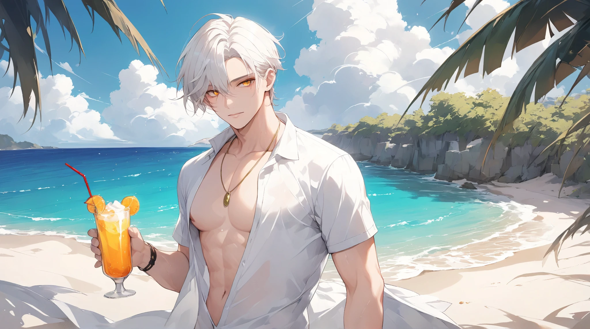 A young white haired man with red eyes in a swim trunks is sitting on a rock at the beach
