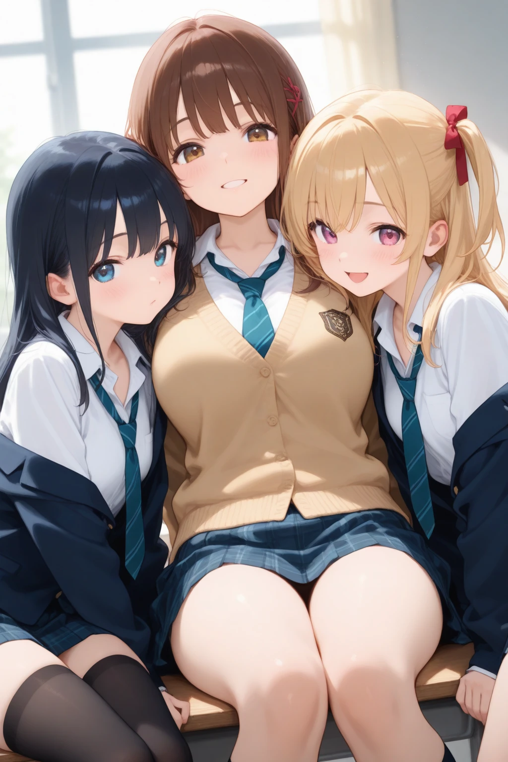 ((masterpiece, highest quality, High resolution, 超High resolution, Pixel Perfect, Written boundary depth, 4k, RTX, Human Development Report))), 1 girl, single, alone, beauty、View the whole body、(masterpiece: 1.2, highest quality, masterpiece, Clearer images), (Bright colors), ((Take clear photos even from a distance)), (Multiple Girls), (Harem), ((((school uniform)))),(School classmates), ((( All school uniforms have the same design))), (((Everyone is wearing the same navy blue skirt))), ((In the classroom)),((16 years old)), (cute Japanese((6 girls))), (((Baby Face))), ((Group shot)), (((Group selfie))),(((Frolicking))),Wide-angle, Soft Light,  (Slightly larger breasts), ((Audiences love it)), Landscape、((breast grab:1.3)),(((bra lift:1.2)))、((Green Eyes, Beautiful eyelashes, Realistic eyes)), ((Detailed face, blush:1.2)), ((Smooth texture:0.75, Vibrant Texture:0.65, Vibrant:1.1, Anime CG Style)), Medium breast, Perfect body, Beautiful curves、Beautiful legs、thin、smile, attractive way to sit, 1 Girl,  Aerith Gainsborough, Hair Ribbon, bracelet,    Brown Hair, Side Lock, Parted bangs, Green Eyes, Braid, (((Swimwear、bikini、Popular Swimwear Designs of 2012)))、((((M spread legs:1.4)))、((breast grab:1.3)),(((bra lift:1.2)))、one eye closed、Stick out your crotch