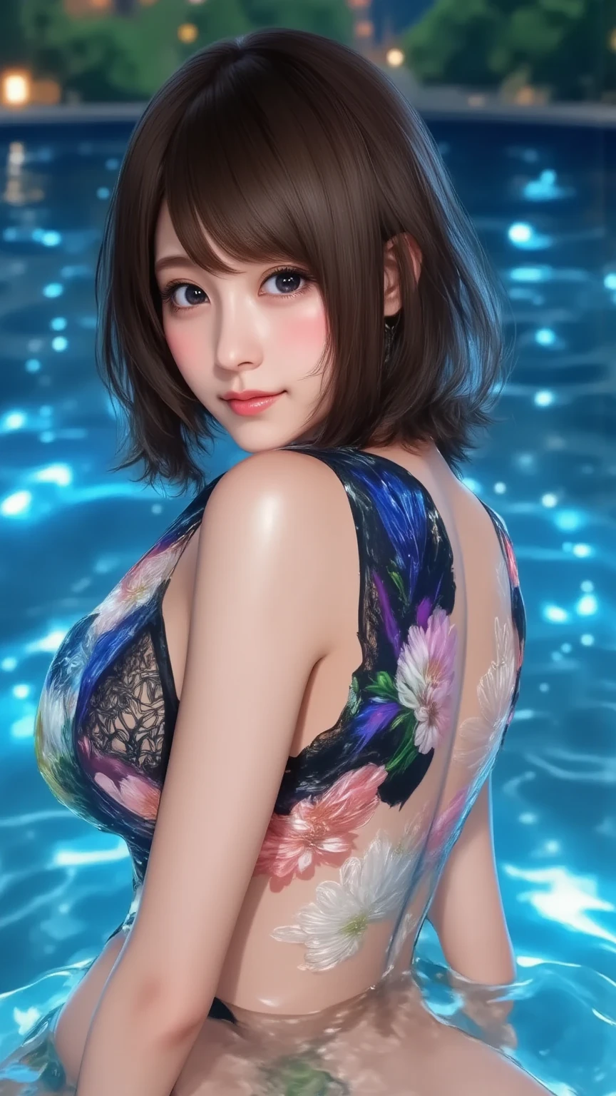 score_9,score_8_up,score_7_up,(pastel-color),(high brightness colors),Cute 20-year-old Japanese 1 girl,solo,(8k, masterpiece, ultra-detailed, best quality, ultra high res, newest, very aesthetic, absurdres, illustration, perfect composition),(hires),looking at viewer,black hair,shiny skin,fair skin,(upper body:1.5),toothless smilev,emphasizing her curvy body and large breasts,{{{{{ninja}}}}}, sharp gaze while holding shurikens, background of a full moon and bamboo grove