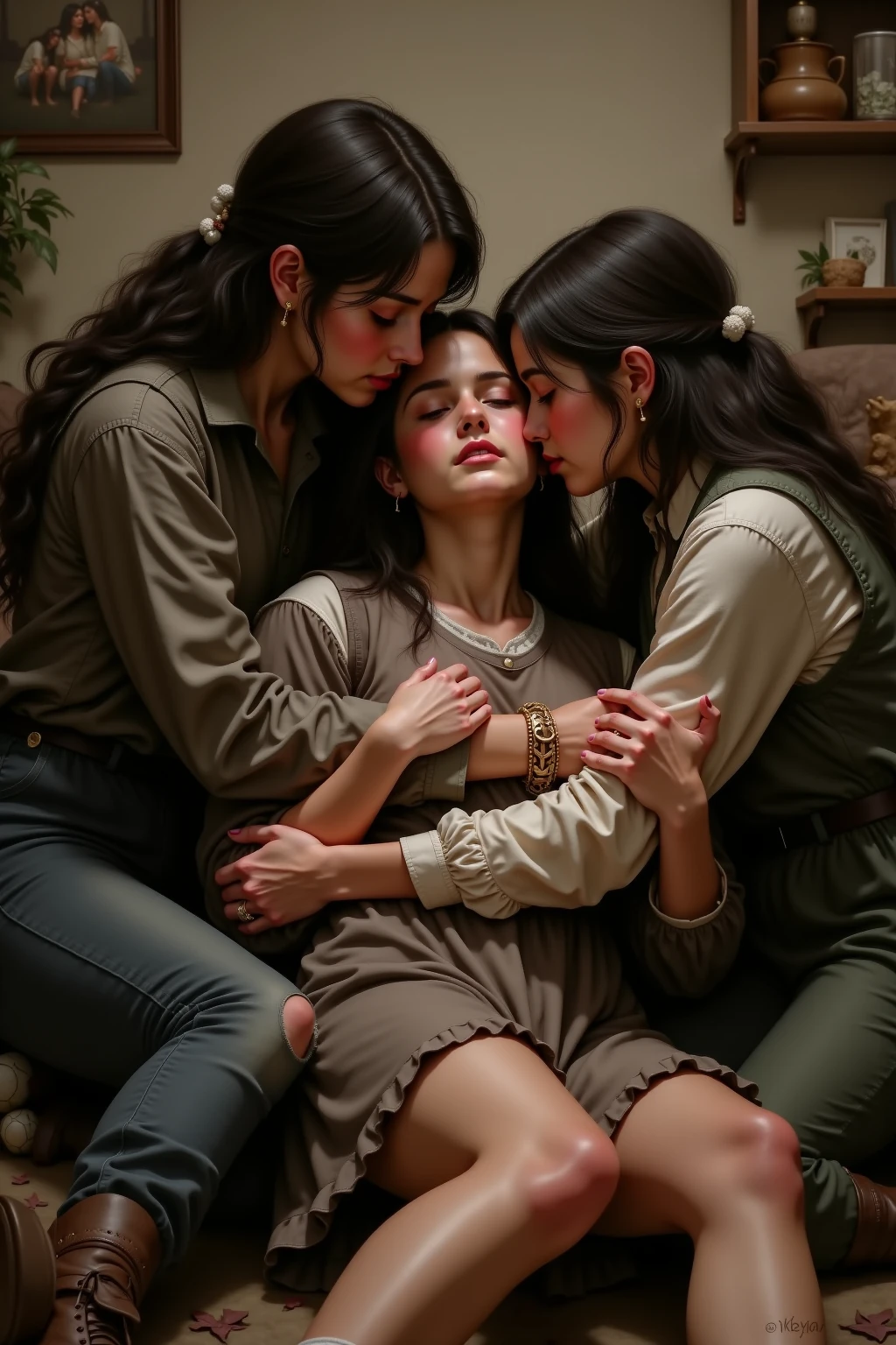 Hermanas hermosas con baby doll de seda, pruning for the camera at night measures, tienen cabello largo y usan pijama de seda, kissing each other, Hands back, no muestran las manos, todas usan vestidos diferentes, fotos en un restaurante