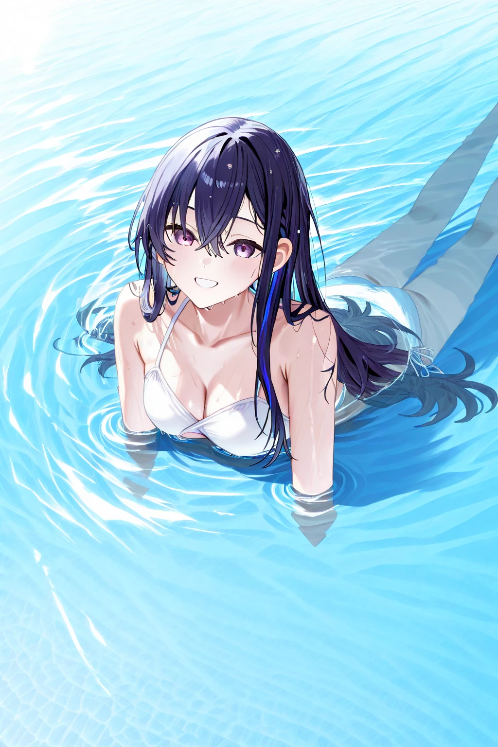 A cute topless bra in a light blue color、Cute light blue underwear、Sandy beach, ocean and blue、Big Breasts、barefoot、Standing posture、Hug