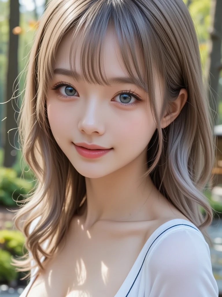 Film Portrait Photography, One girl, Bare shoulders, Shoulder-length blond wavy hair, Calm, Calm, (Realistic eyes, Natural skin texture, Realistic facial details), Soft and dramatic lighting, Depth of written boundary, Bokeh, Vivid details, In detail, Surreal, 35mm Film, Absent-minded, movie,