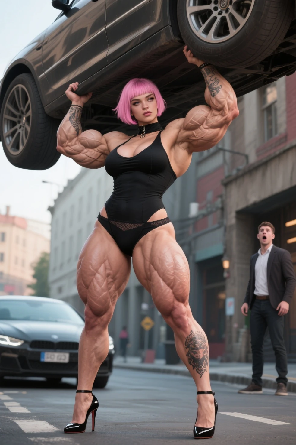 (1 girl:1.25), (cara delevingne:1.25), (a photo of a bodybuilder girl wearing latex panties on the beach:1.25), (long pink hair:1.25), (huge upper body:1.25), (wide shoulders:1.45), (huge muscular arms:1.25,) (10-pack abs:1.25), (skinny legs), Realistic, Very detailed face and eyes, masterpiece