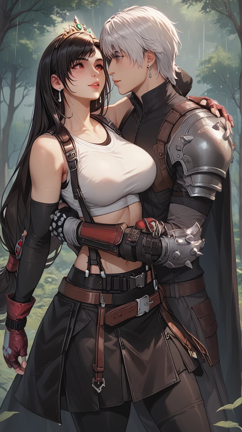 Rosaria - Genshin Impact, cherry hair color, angry woman face, erotic, sexy girl, sexy nun girl, thick and fat sexy body, black tights, nude big tits, Dorohedoro style, blood, blood rain