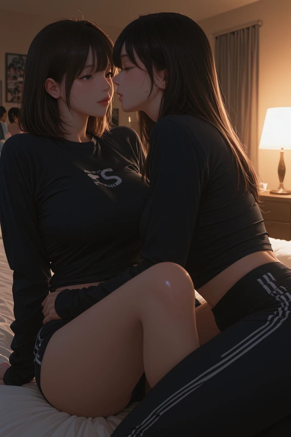 Young girl wearing white and orange striped t shirt and orange shorts and young boy wearing a navy blue t shirt and black shorts sitting on a bed together, kissing, making out, passionately, sexy, hot, lustful