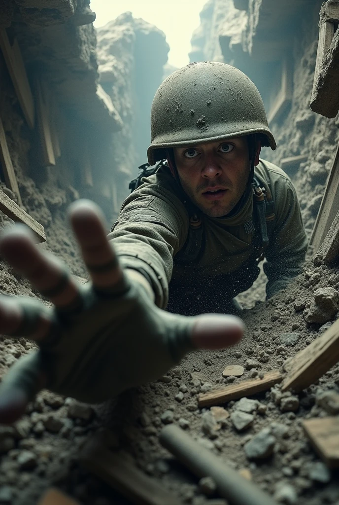 A wounded soldier crawling on the ground in a tunnel 