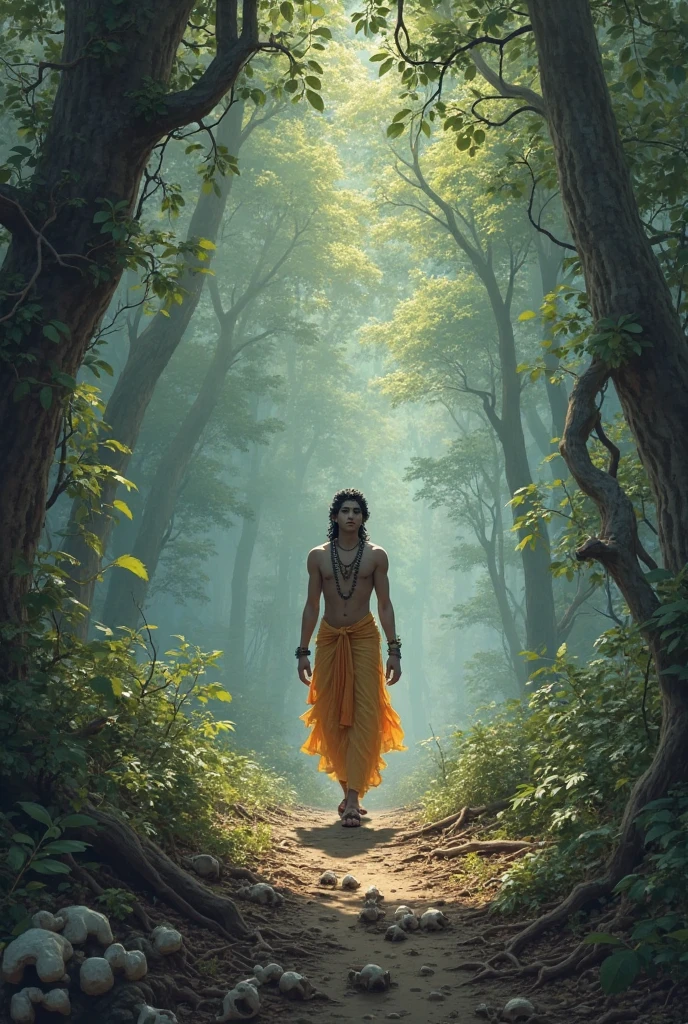 Create an anime-style image of a lost traveler looking confused and tired in a dark forest. Baby Krishna, with his bluish-black skin and gentle smile, stands behind the traveler, guiding them with a soft, golden light. Krishna wears a small yellow dhoti and a peacock feather in his curly hair. The background should depict the forest transitioning from dark to light, showing Krishna’s role in leading the traveler to safety."