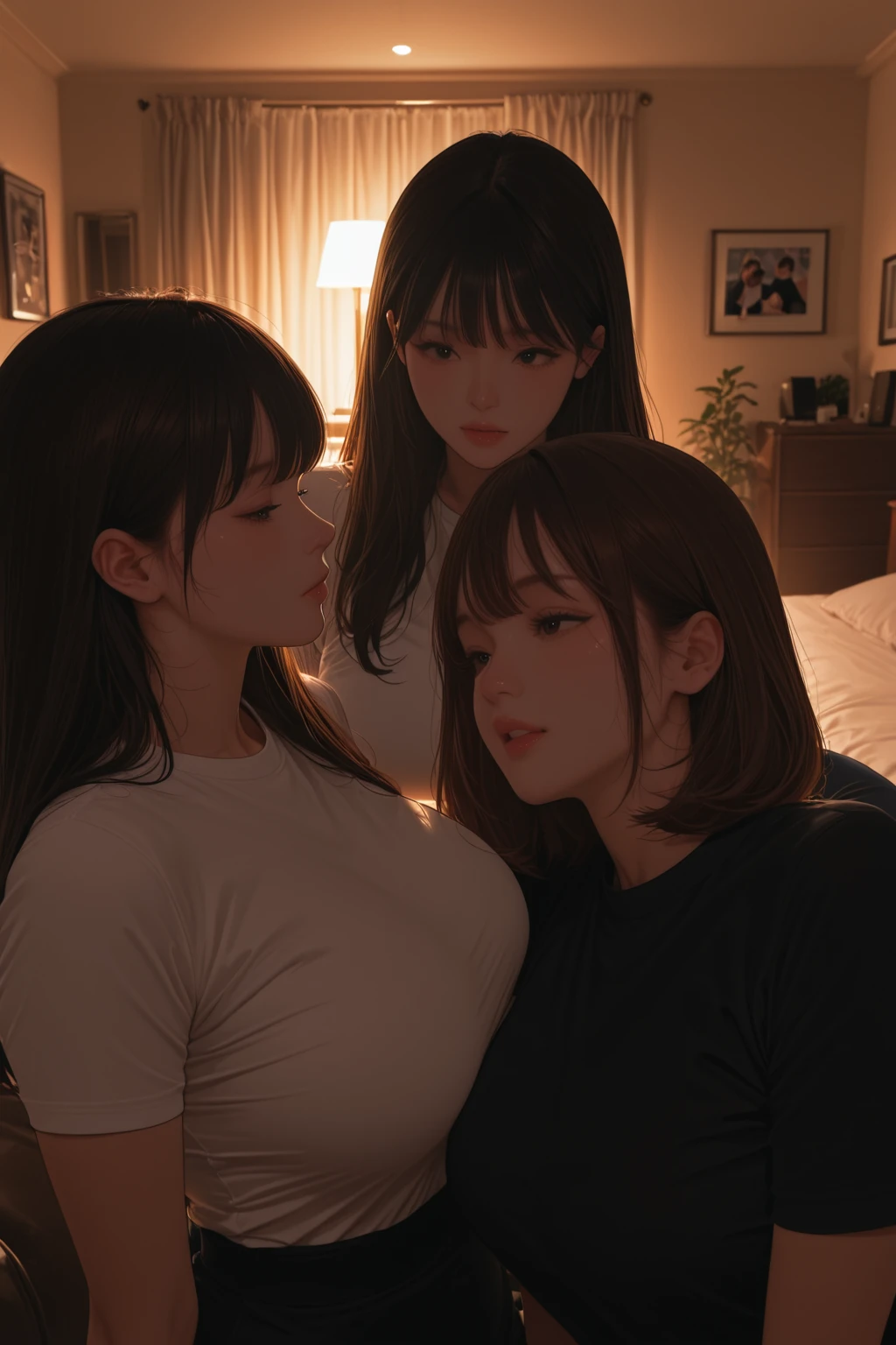 Highest quality,masterpiece,Three supermodels,Completely naked,Nipples,Dark hair color,A good friend,Nude gravure shoot,During a break,pubic hair,Photo studio,Smiling members chatting among themselves