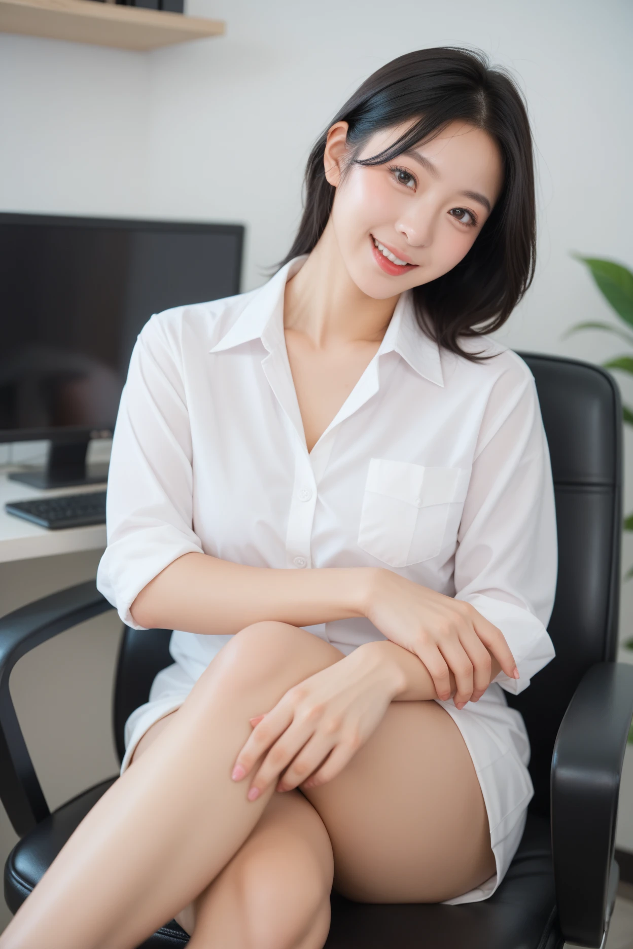 ((Best Quality, 8k, Masterpiecedetails, ultra-high resolution)), (looking at the viewer), (full shot:), attractive business 1 milf laying down on office, desk, a bit chubby:0.25, white collared shirt, grey skirt, (dog posing on the desk)), smile, office of CEO,