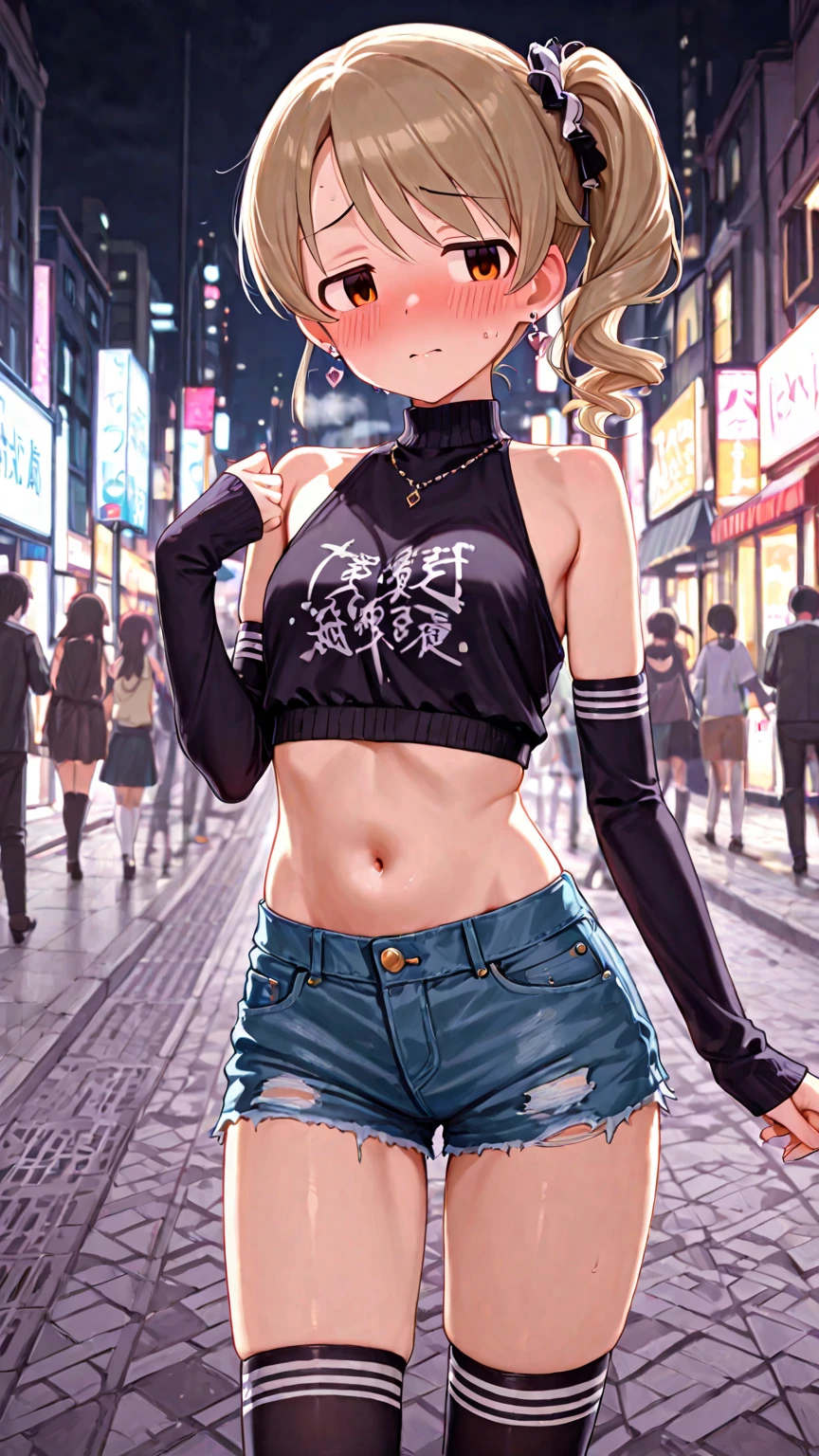 best qualityer, work of art, cinematic lighting, intricate, cinematic detailed realisitic background, face detailed, whole body, breasts small, realisitic, clear line, , , 1 girl running, urban landscape, natta, tied shirt, gazing at viewer, tatoo, model posing, open cardigan, yellow eyes with rings, Street lighting, lamp post, yoga pants, split color hair, cups,, ,  