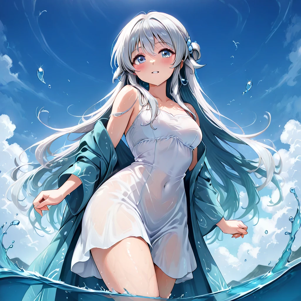 1girl,solo,white_hair,liquid hair, long hair, standing, liquid clothes, wedding dress, <lora:LiquidClothesV1:1>,sea, large breasts, water,standing,lifted by self, cleavage, cowboy shot, blue sky, wave