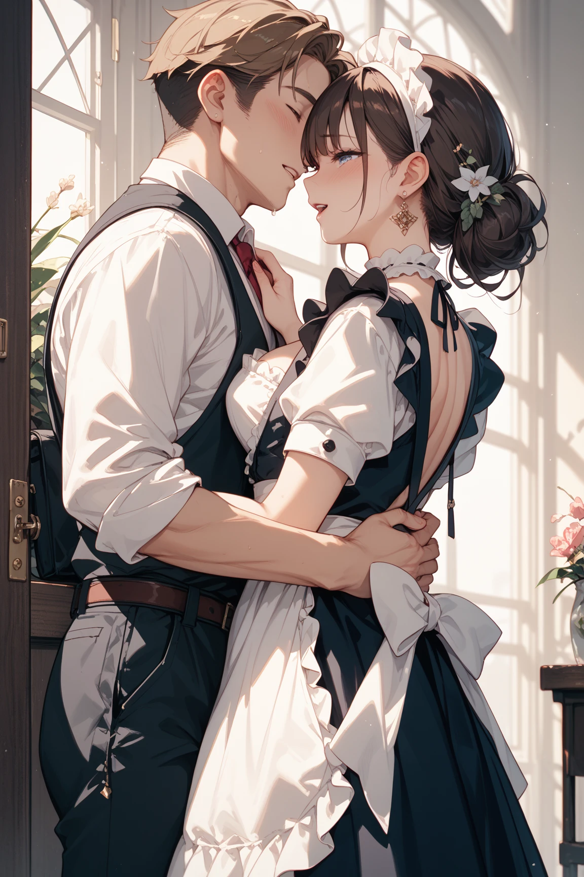 score_9, score_8_up, score_7_up, 1boy, 1girl, mature woman, plump body, black femalewearing maid outfit, ???, little young boy, hug, kiss, hand on head, kneeling, in a room
