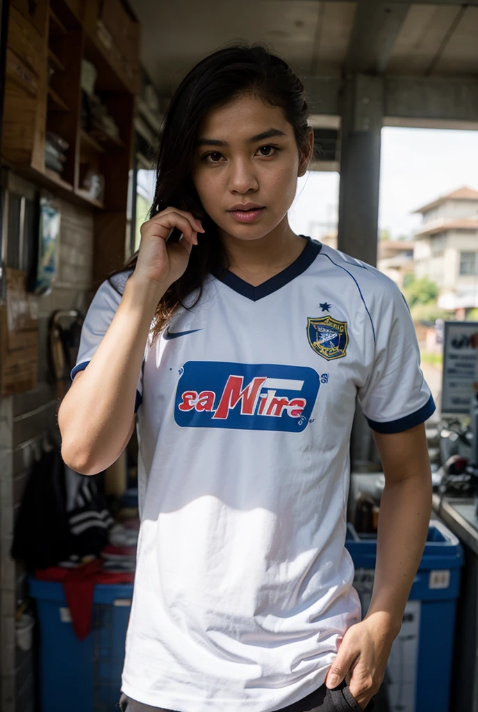 Uma menina de 7 anos, shoulder-length straight dark hair,vibrant dark brown eyes and long eyelashes, wearing a Minas Gerais athletic team shirt and denim shorts