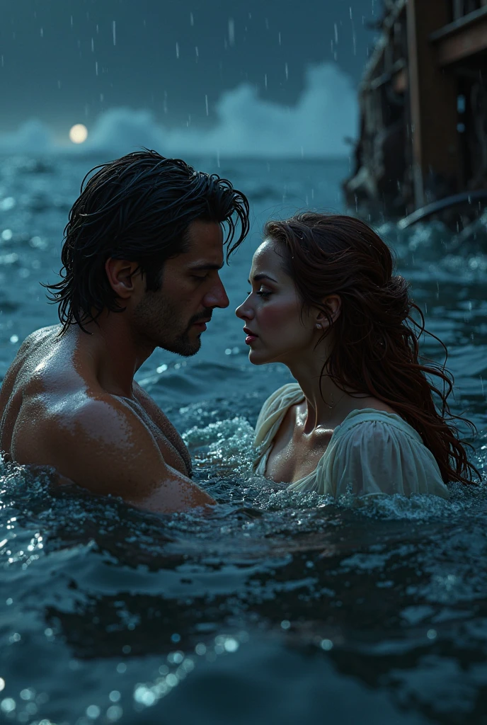 Create this scene: In the moonlit night, a man on a mini wooden boat, his features meticulously detailed for hyper-realism. He is engaged in an intimate embrace with a mermaid, her enchanting fish tail submerged, upper half leaning out. Beneath the surface, a haunting underwater graveyard reveals realistic skeletons. Stars twinkle in the vast night sky, and the moon casts a gentle glow, adding to the romantic tension. The water's surface, the boat, and every detail are hyper-realistic. A subtle breeze tousles their hair, creating a lifelike connection with the elements.