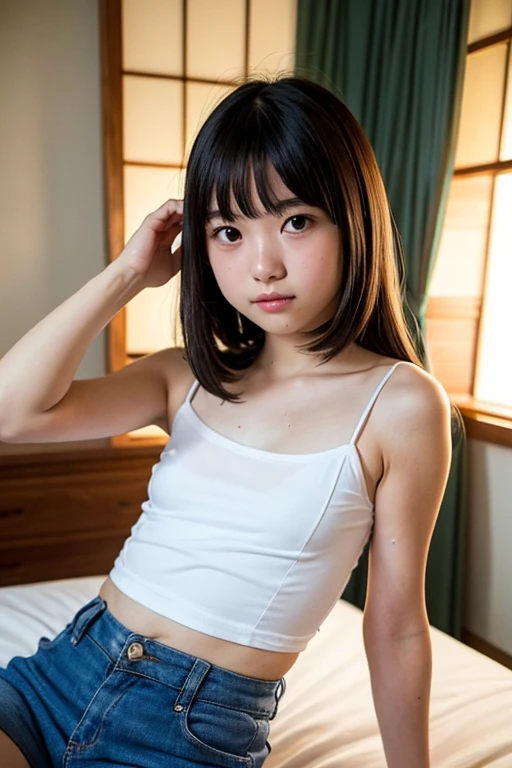 An ultra-high picture quality、Perfect Photo、Beautiful 16 year old girl、Beautiful japanese girl、middle school girl、light skinned、slender、Black Haired Beautiful Girl、cute little、Beautuful Women、(tiny chest)、((Nokezoru))、With bangs、sports hair、Straight hair、(Teary-eyed)、((half-opened mouth))、inside in room、Serious、