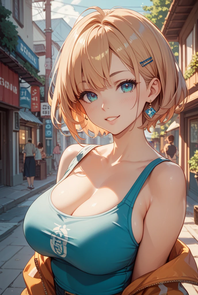 Medium and round breasts ((beautiful and beautiful woman in her 20s)) (light short straight blonde hair, straight and shiny, ), beautiful detailed green eyes, double eyelids, detailed iris, light effect on the eyes, ((using only one stylish sensual thin strap blouse, multicolored, high waist shorts with embroidery made in delicate and cool fabric)) ((hyper detailed, 16k, masterpiece, hyper realistic, perfect lighting, effect of light and shadow on the skin, sharp focus, soft lighting) ), perfect pink lips, tanned skin, woman of superior beauty, beautiful and sensual, is in love, shy smile ((has a curvy body with beautiful notable curves, with medium breasts)) ((sensual photo shoot at Japanese street, beautiful night, Japanese festival))