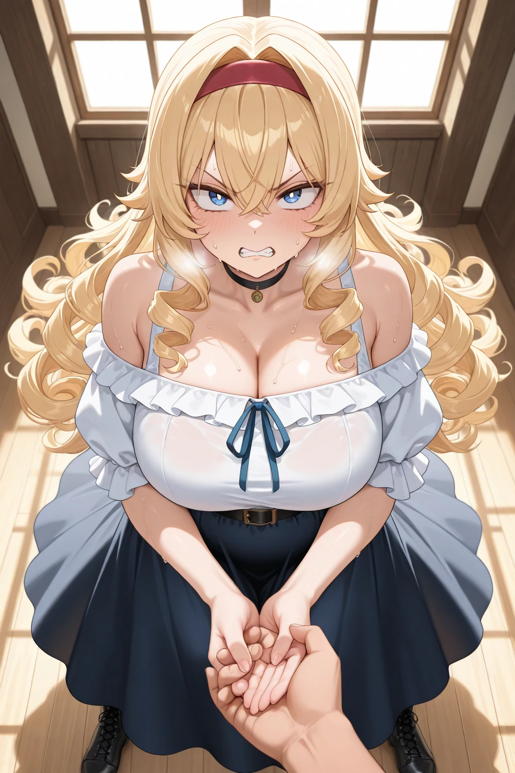 ultra detailed anime,hyperrealistic anime style,beautiful curvy woman,standing man head out of frame,black pleated skirt,off-the -shoulder blouse,jacket,gyaru,teary,(surprised eyes,aroused),blonde hair,side ponytail,earring,necklace,bracelet,tanline,(blowjob),woman kneeling in front of man ,in back alley,(sucking man’s penis hardly),in heat,,excessive cum,bukkake,face focus